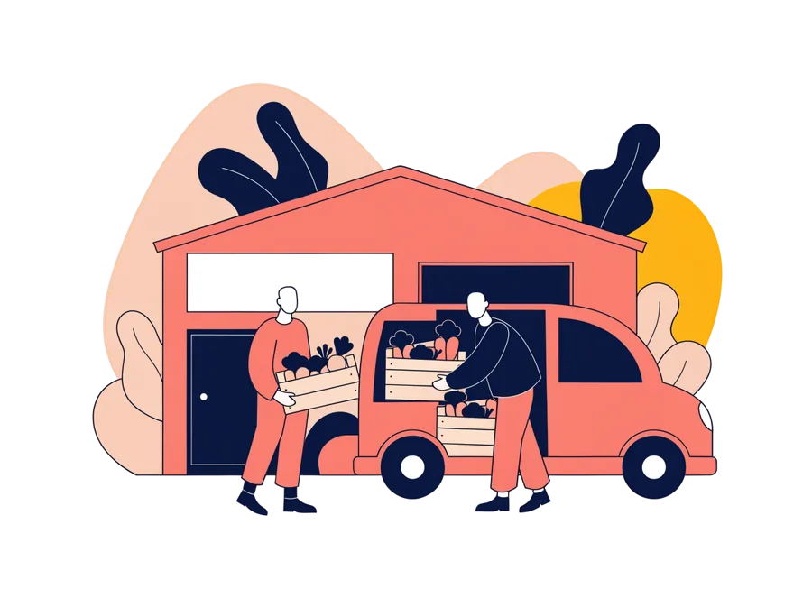 Illustrazione di due volontari che scaricano cassette di verdura da un pulmino davanti a un centro sociale