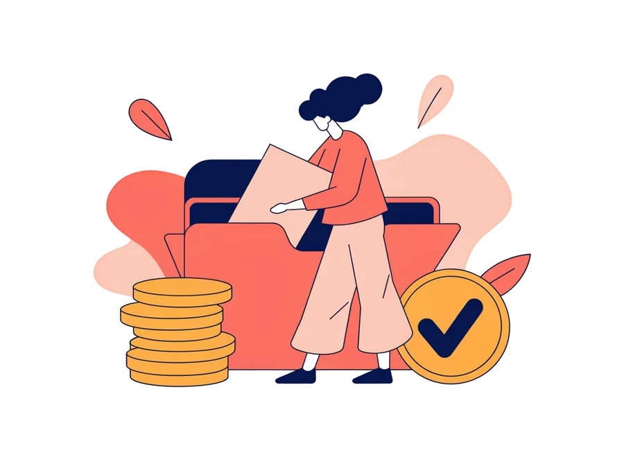 Illustrazione di una persona che archivia una ricevuta accanto a una pila di monete e a un segno di spunta